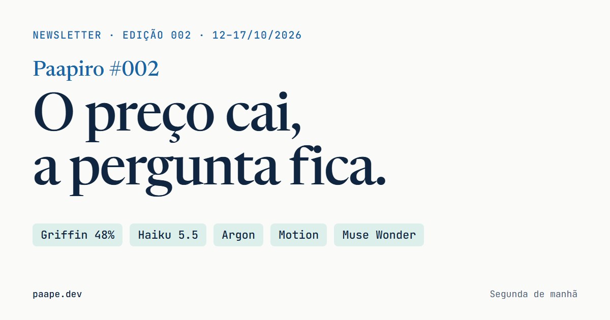 Capa tipográfica da edição 002 do Paapiro: “O preço cai, a pergunta fica”, semana de 12 a 17 de outubro.